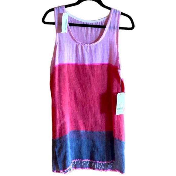 Pink orange and Charcoal Linen Lem Lem Tropical Dress with fringe - Picture 2 of 11